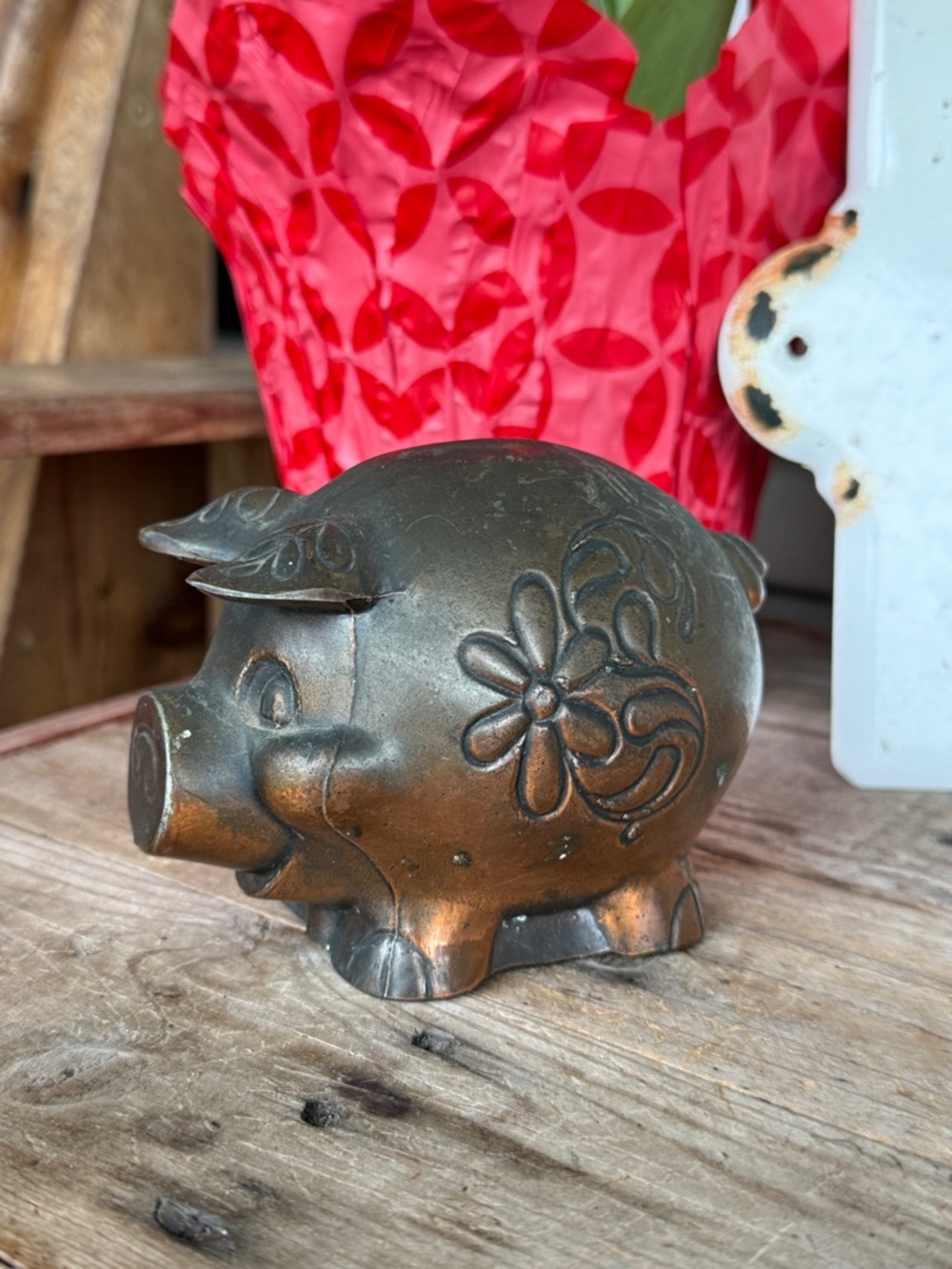 Vintage Bronze-Toned Floral Pig Bank